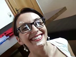 Lush housewife is played in the kitchen with a long