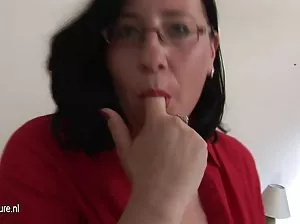 Chubby chick in white stockings spreads her legs and shows pussy